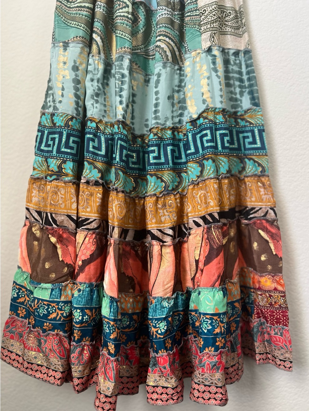 Boho Tiered Maxi Skirt in Teal Multicolor Patchwork - Picture 7 of 9